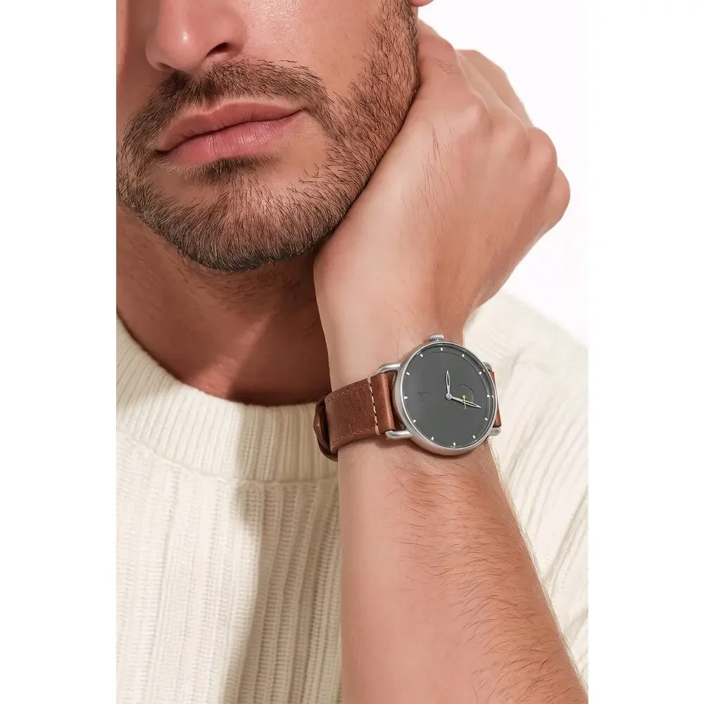 MVMT Revolver Minimalist Watch 41mm Silver Black Dial Brown Leather New Battery
